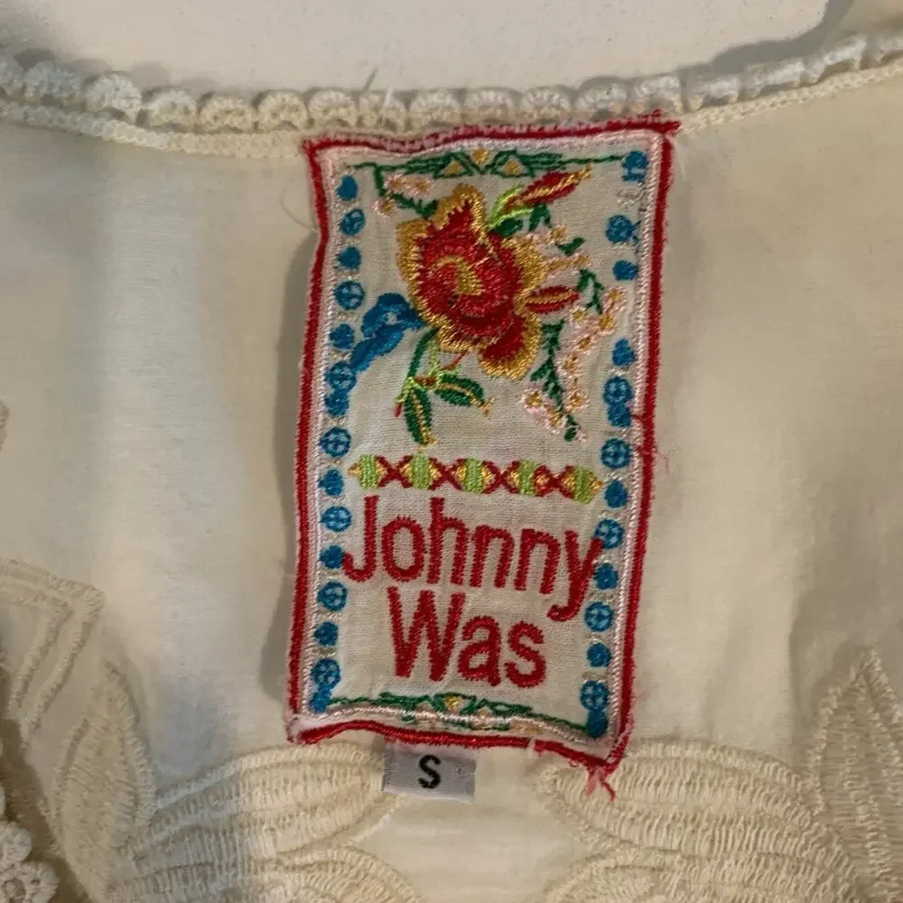 Johnny Was Blouse Womens S Small Ivory Cotton Embroidered Eyelet V Neck Tunic